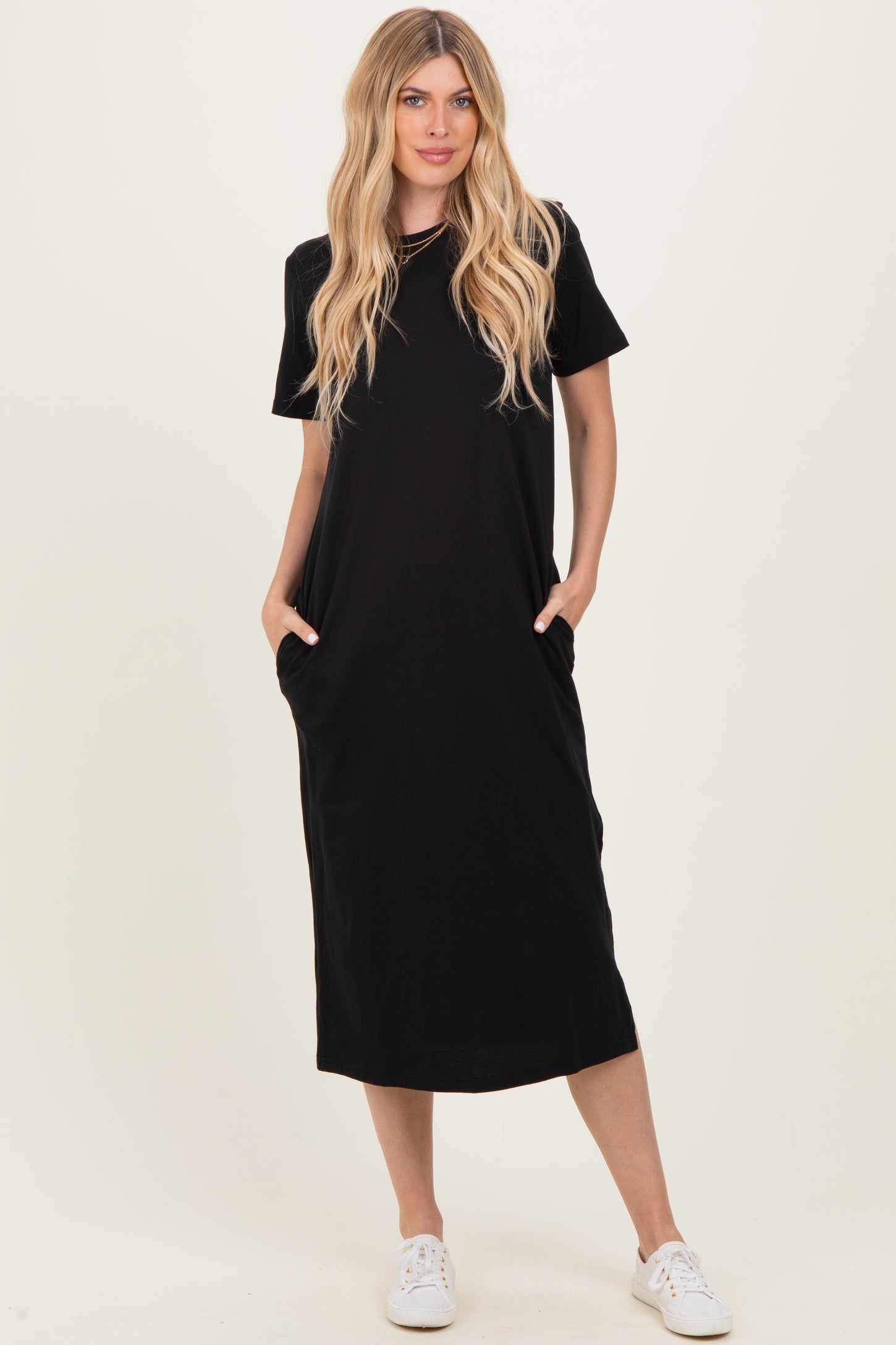 Black Cotton T-Shirt Maternity Midi Dress