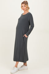 Olive Relaxed Fit Long Sleeve Basic Maternity Dress