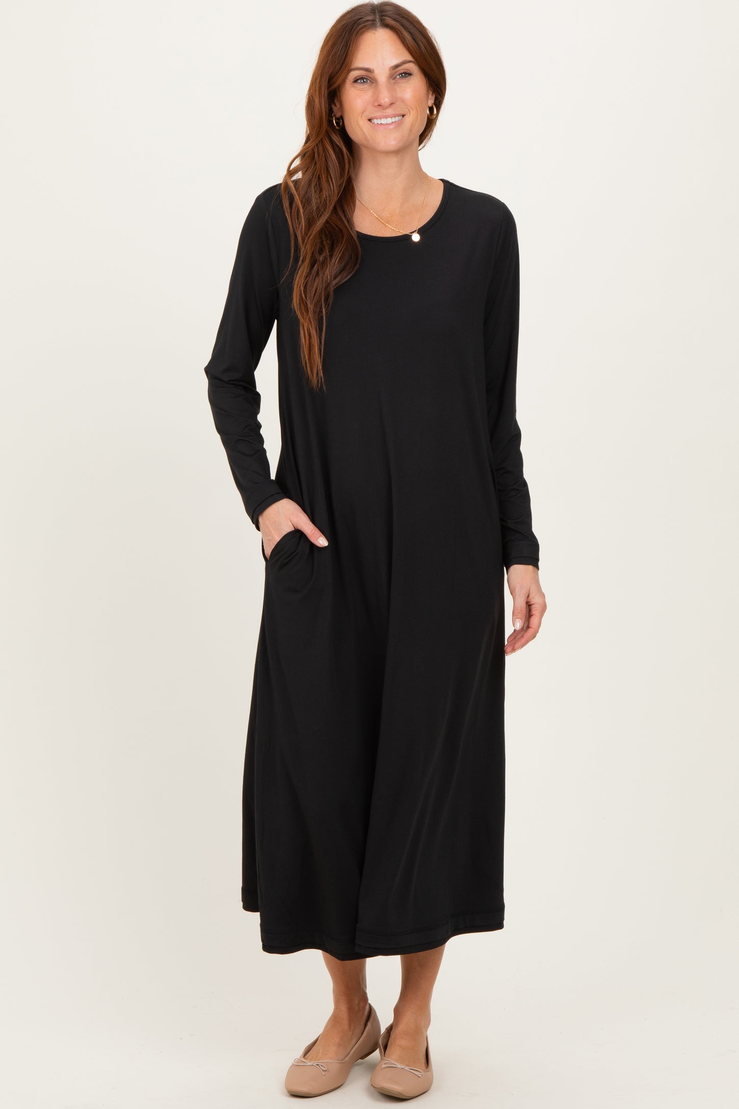 Black Relaxed Fit Long Sleeve Basic Dress