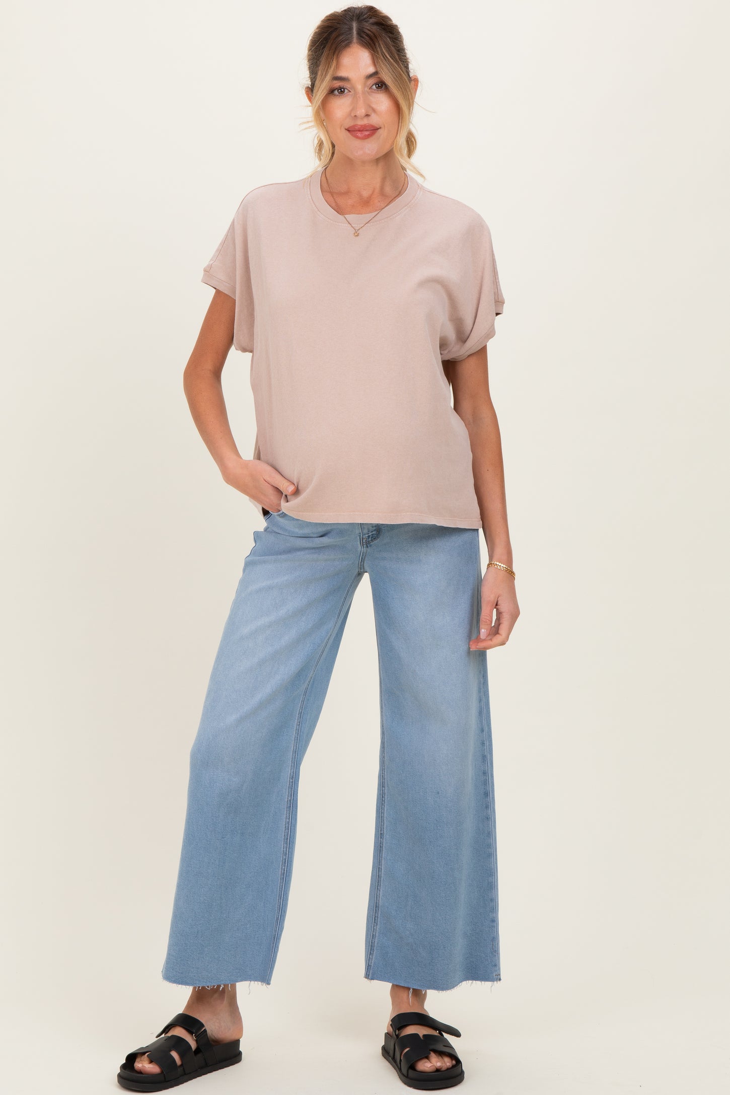 Light Blue Raw Hem Ankle Wide Leg Maternity Jeans