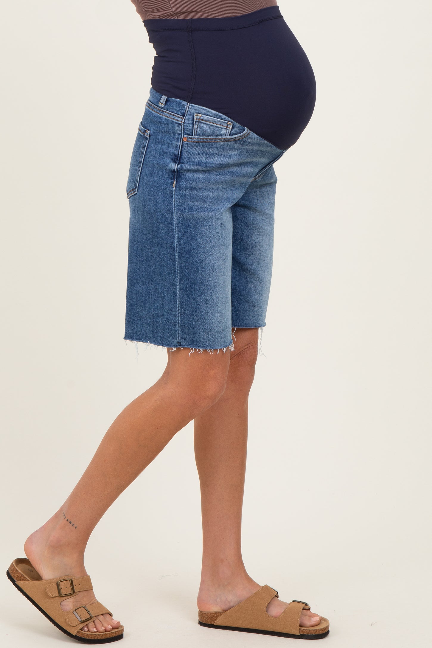 Navy Raw Hem Bermuda Maternity Jean Shorts
