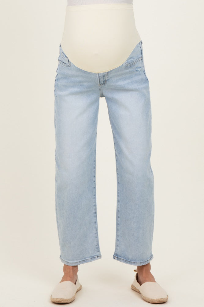 Light Blue Cropped Barrel Leg Maternity Jeans