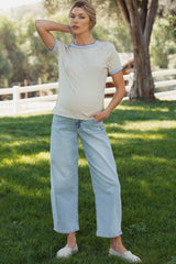 Light Blue Cropped Barrel Leg Maternity Jeans