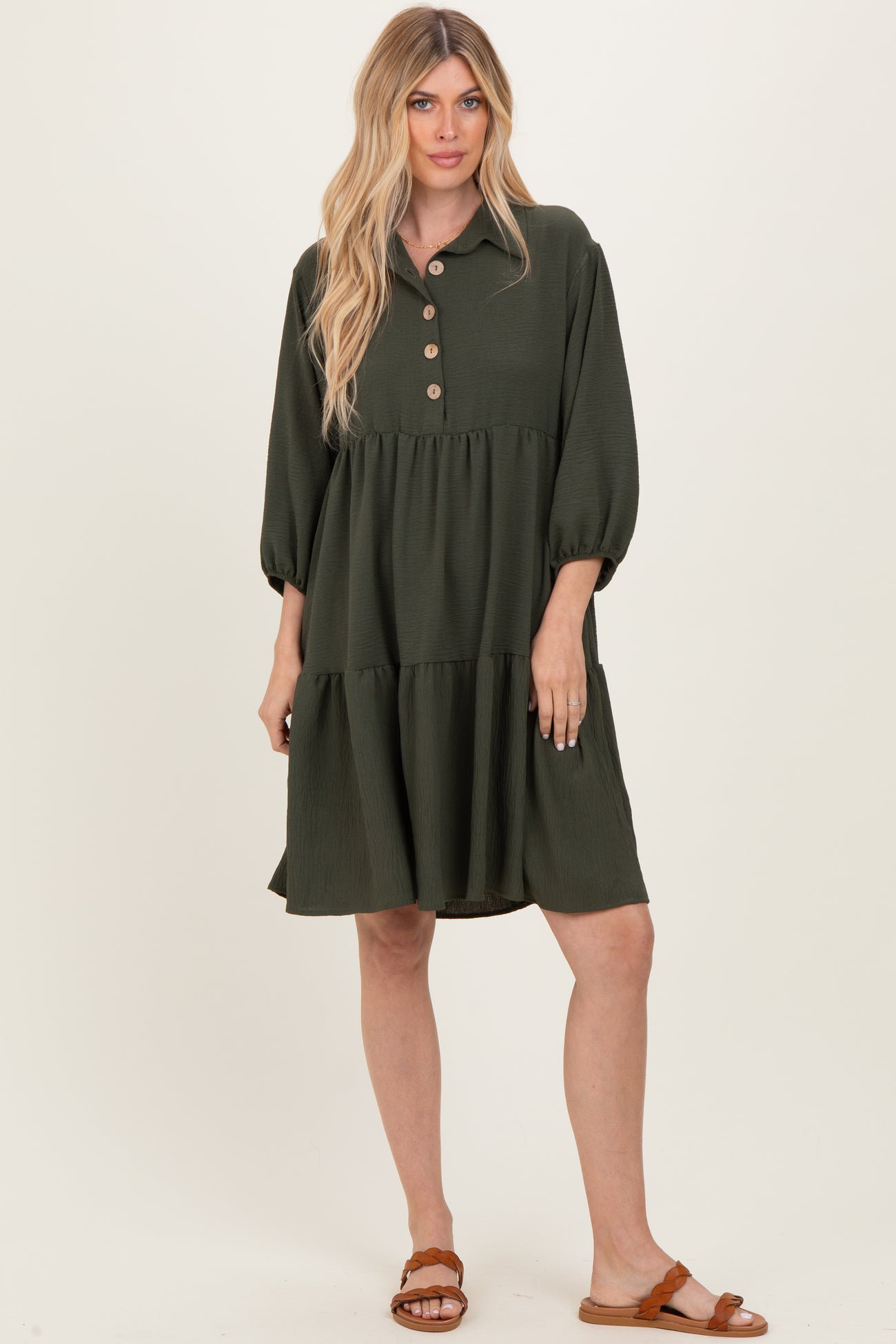 Olive Long Sleeve Button Down Collared Tiered Maternity Dress