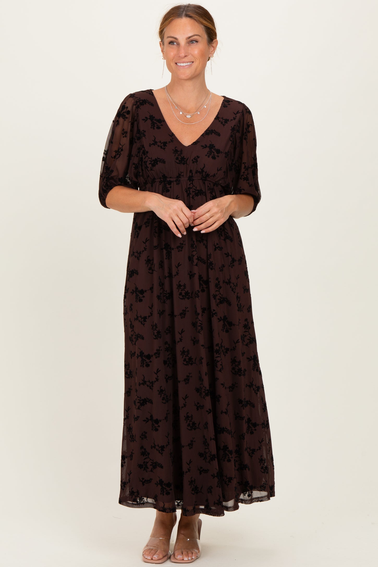Brown Floral Mesh 3/4 Sleeve V-Neck Maxi Dress