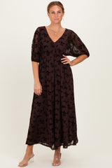 Brown Floral Mesh 3/4 Sleeve V-Neck Maxi Dress