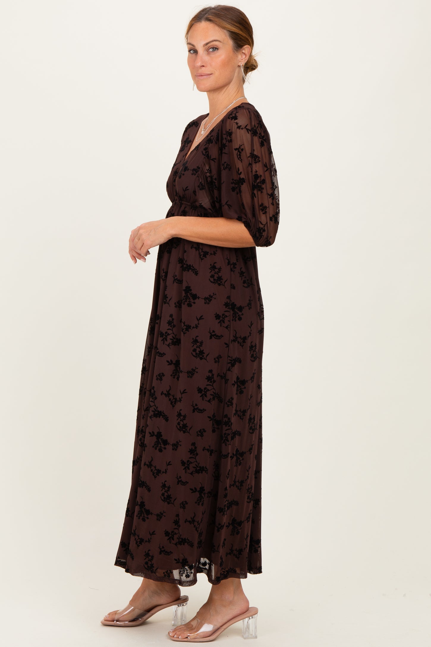 Brown Floral Mesh 3/4 Sleeve V-Neck Maxi Dress