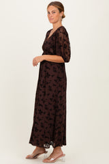 Brown Floral Mesh 3/4 Sleeve V-Neck Maxi Dress