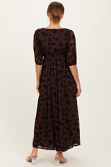 Brown Floral Mesh 3/4 Sleeve V-Neck Maxi Dress