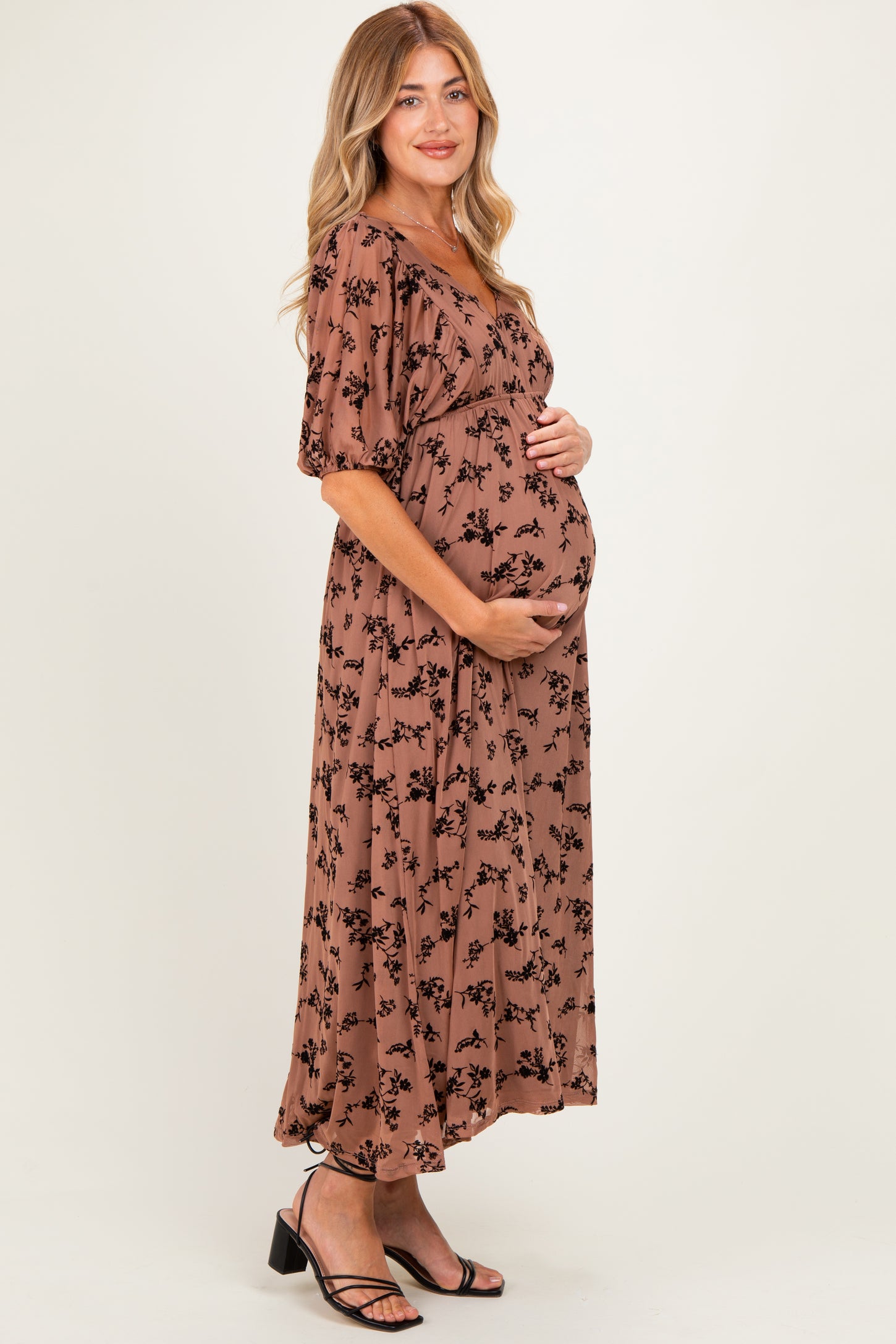 Mocha/Brown Floral Mesh 3/4 Sleeve V-Neck Maternity Maxi Dress