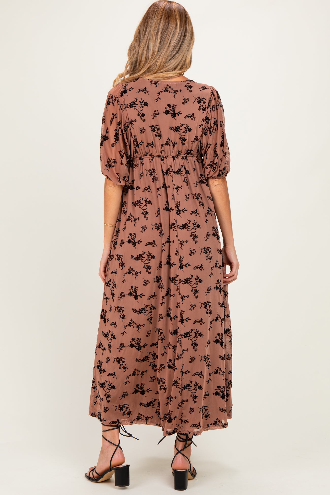 Mocha/Brown Floral Mesh 3/4 Sleeve V-Neck Maternity Maxi Dress
