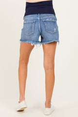 Blue Distressed Frayed Hem Maternity Jean Shorts