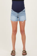 Blue Distressed Frayed Hem Maternity Denim Shorts