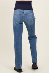 maternity wear blue straight-leg jeans with a navy over-the-bump panel, shown from the back
