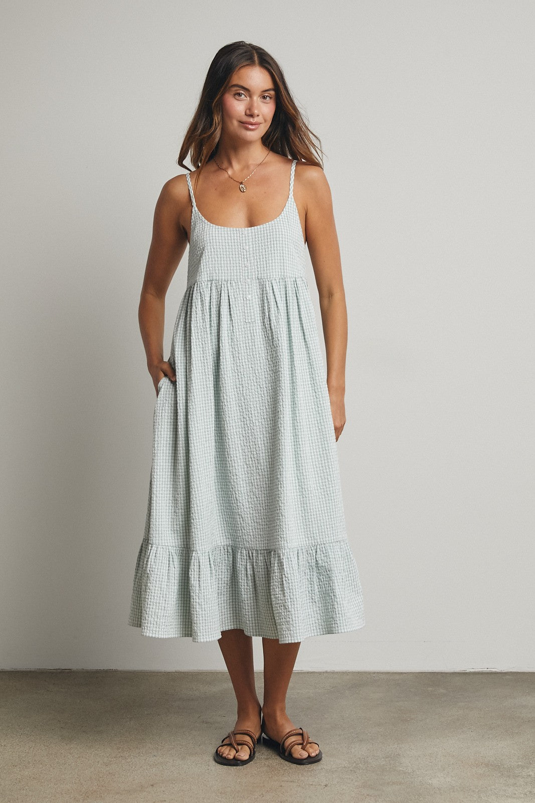 Sage Gingham Sleeveless Midi Dress