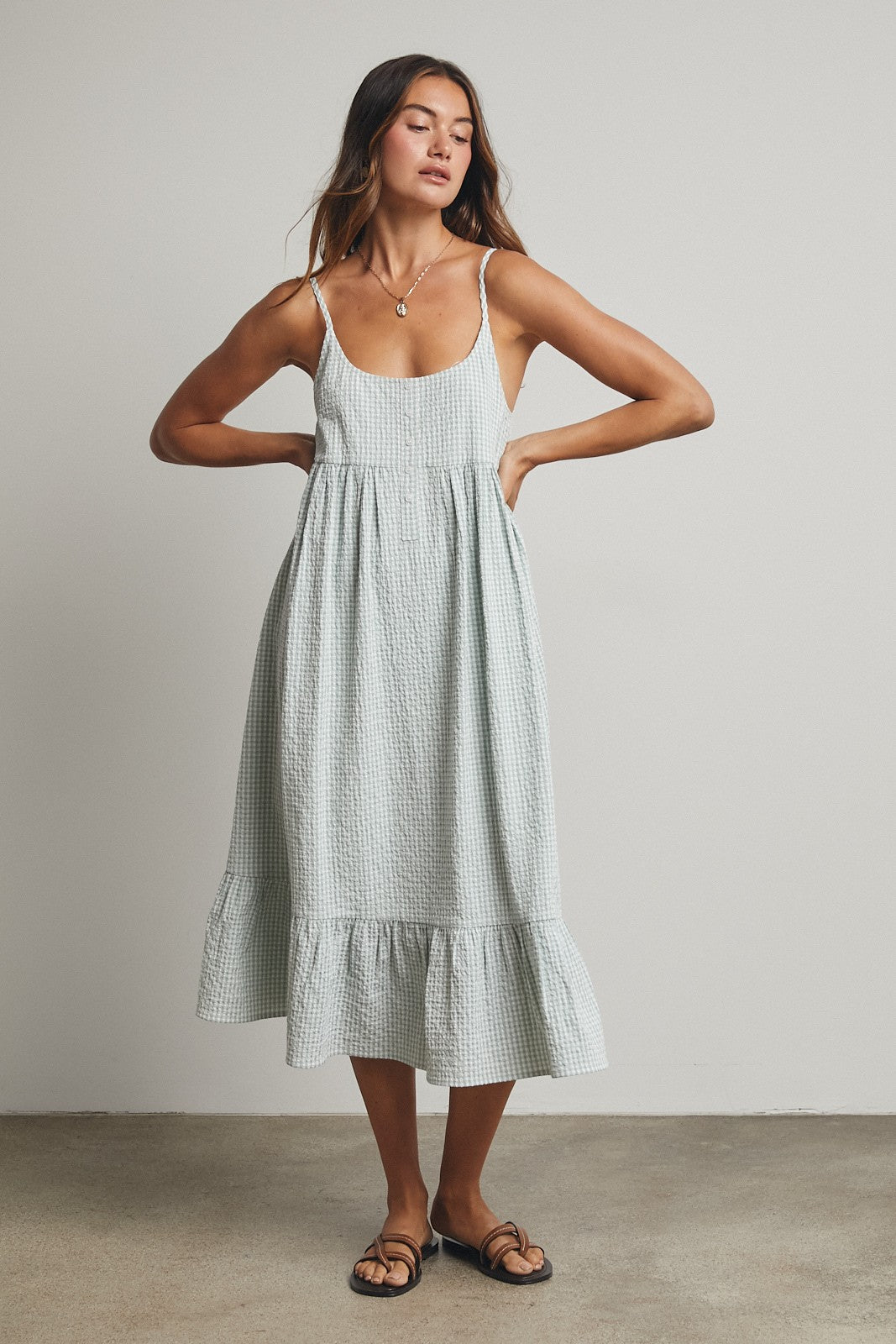 Sage Gingham Sleeveless Midi Dress