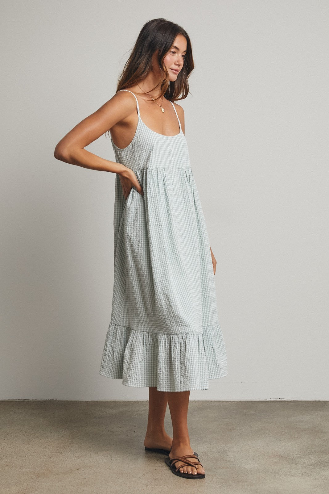 Sage Gingham Sleeveless Midi Dress