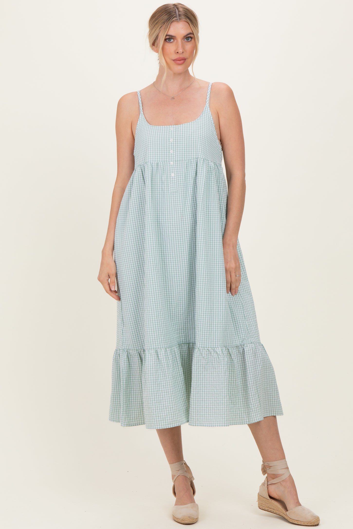 Sage Gingham Sleeveless Midi Dress