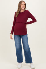 Burgundy Ribbed Ruffle Detail Maternity/Nursing Long Sleeve Top