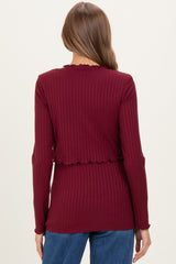 Burgundy Ribbed Ruffle Detail Maternity/Nursing Long Sleeve Top