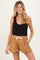 woman wearing a black maternity tank top and tan maternity shorts with a drawstring waist