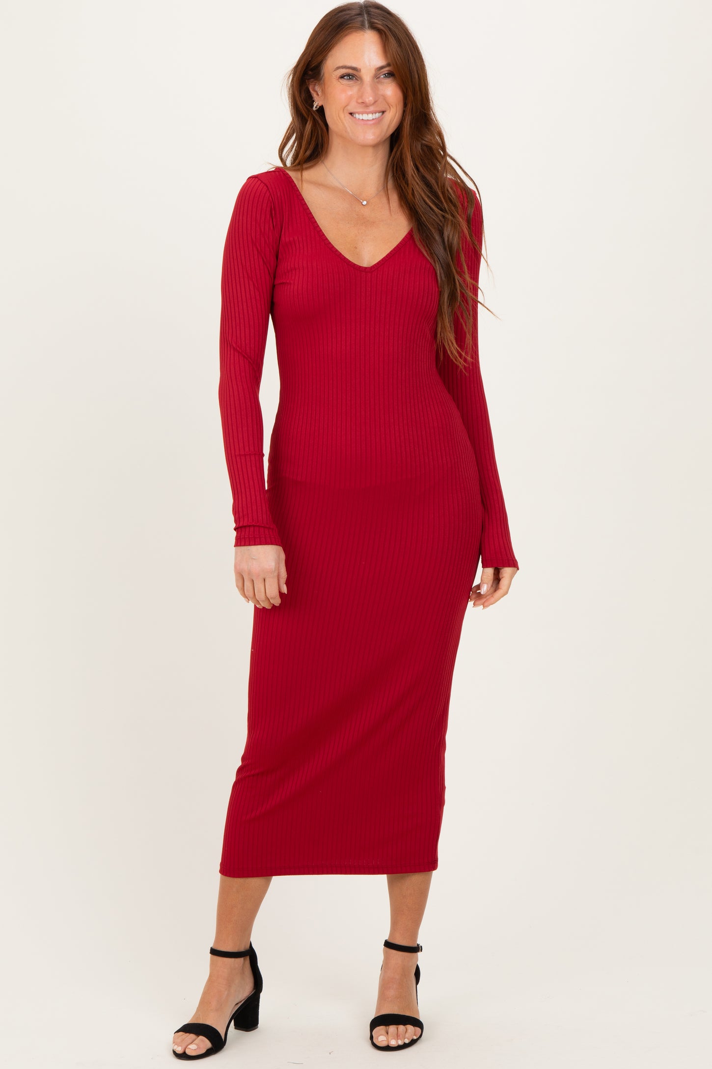Dark Red V-Neck Long Sleeve Fitted Maternity Maxi Dress