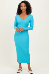 Sky Blue V-Neck Long Sleeve Fitted Maxi Dress