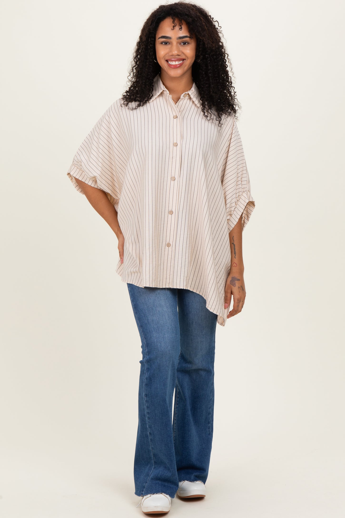 Cream/Black Striped Short Sleeve Collared Button Down Blouse