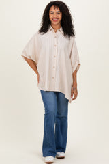 Cream/Black Striped Short Sleeve Collared Button Down Blouse