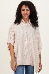 Cream/Black Striped Short Sleeve Collared Button Down Blouse
