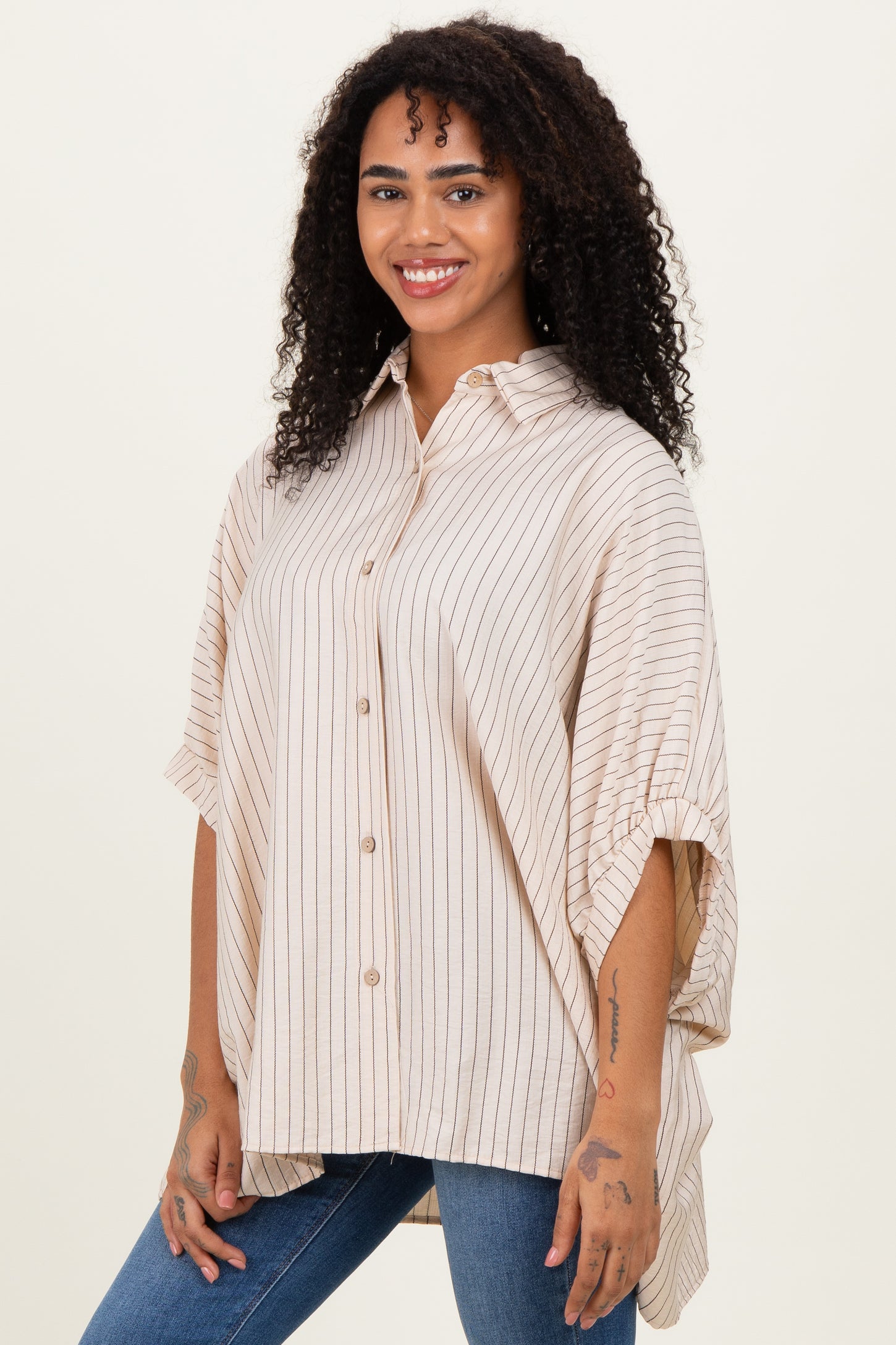 Cream/Black Striped Short Sleeve Collared Button Down Blouse