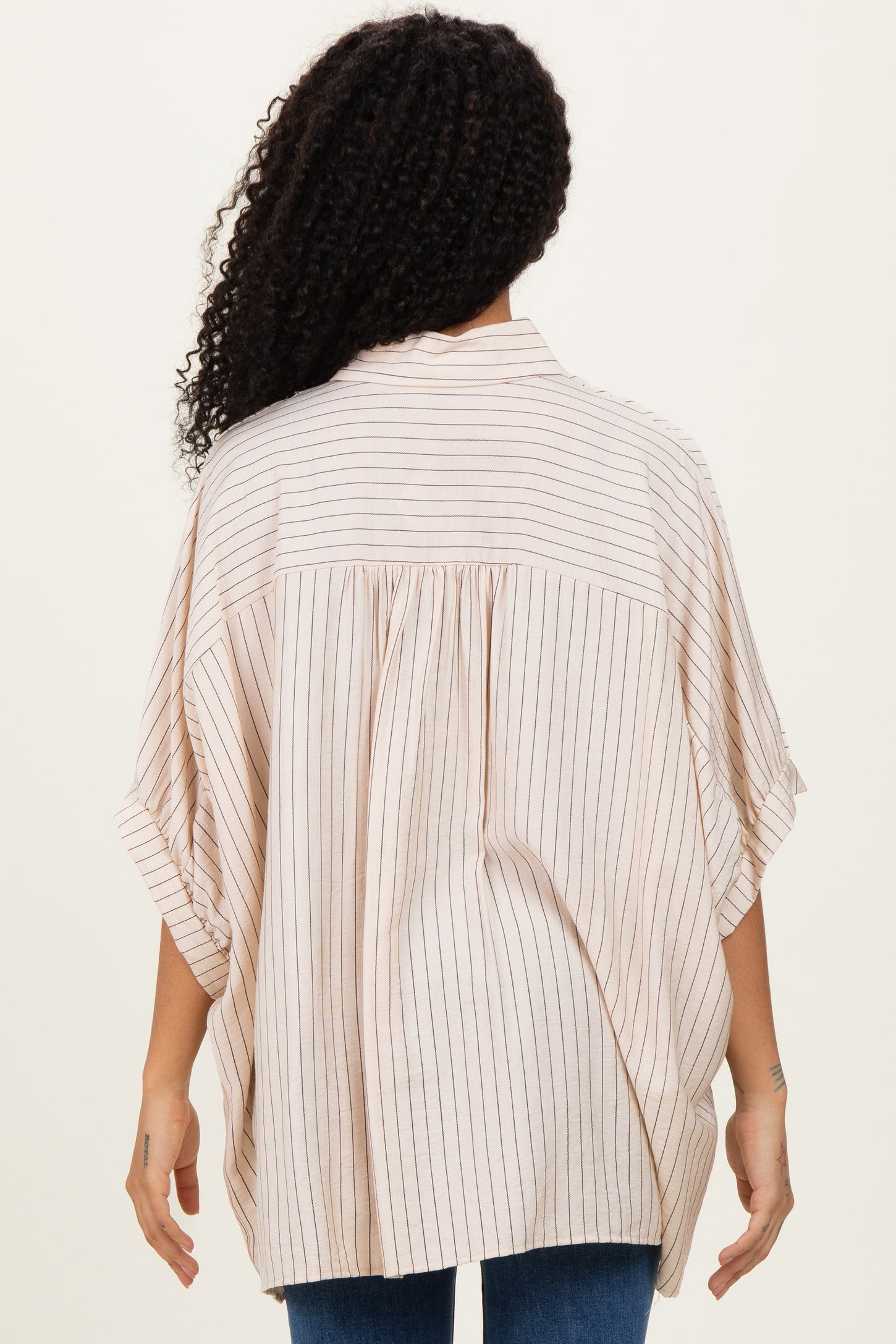 Cream/Black Striped Short Sleeve Collared Button Down Blouse