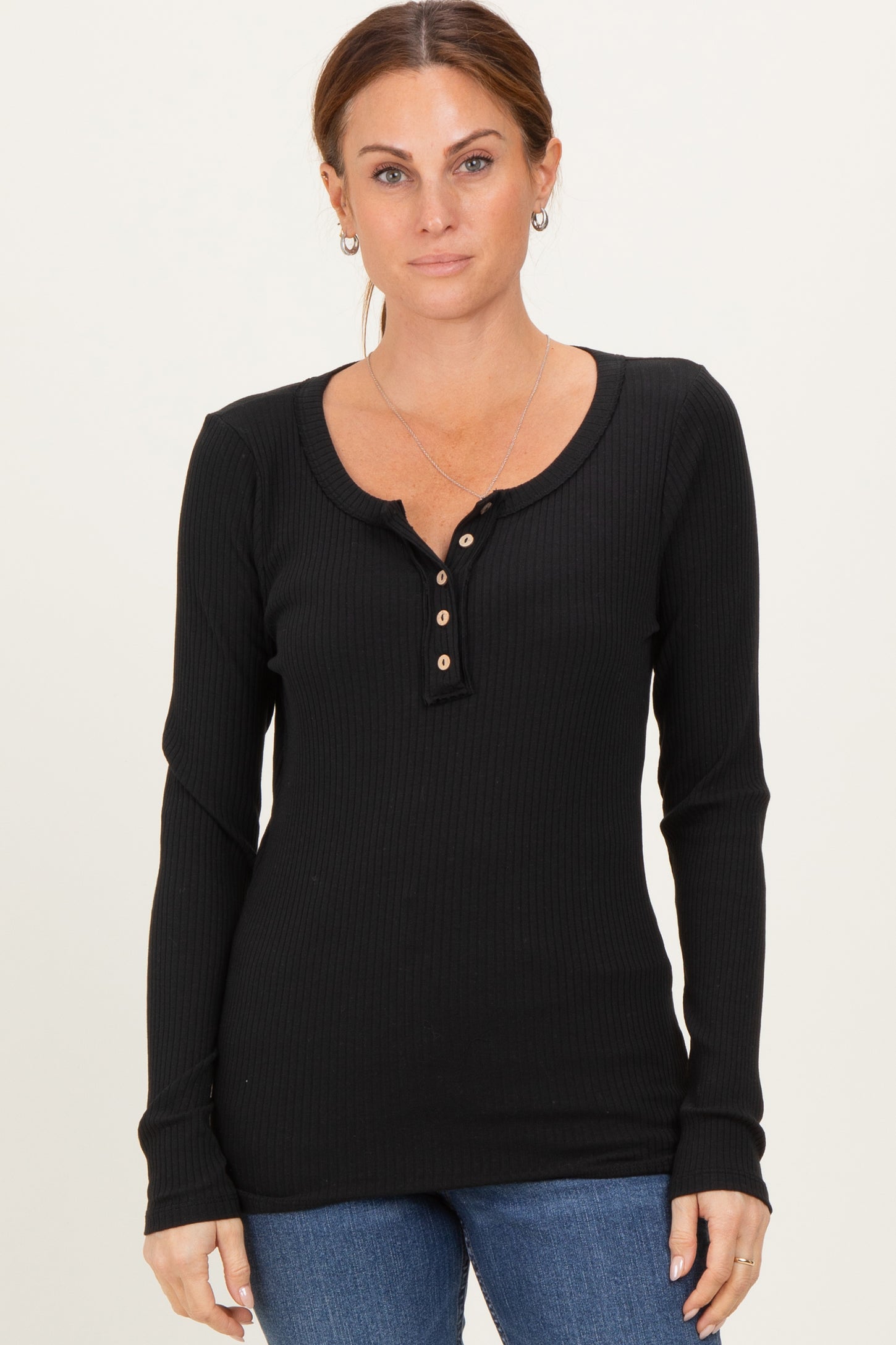 Black Ribbed Long Sleeve Button Town Top