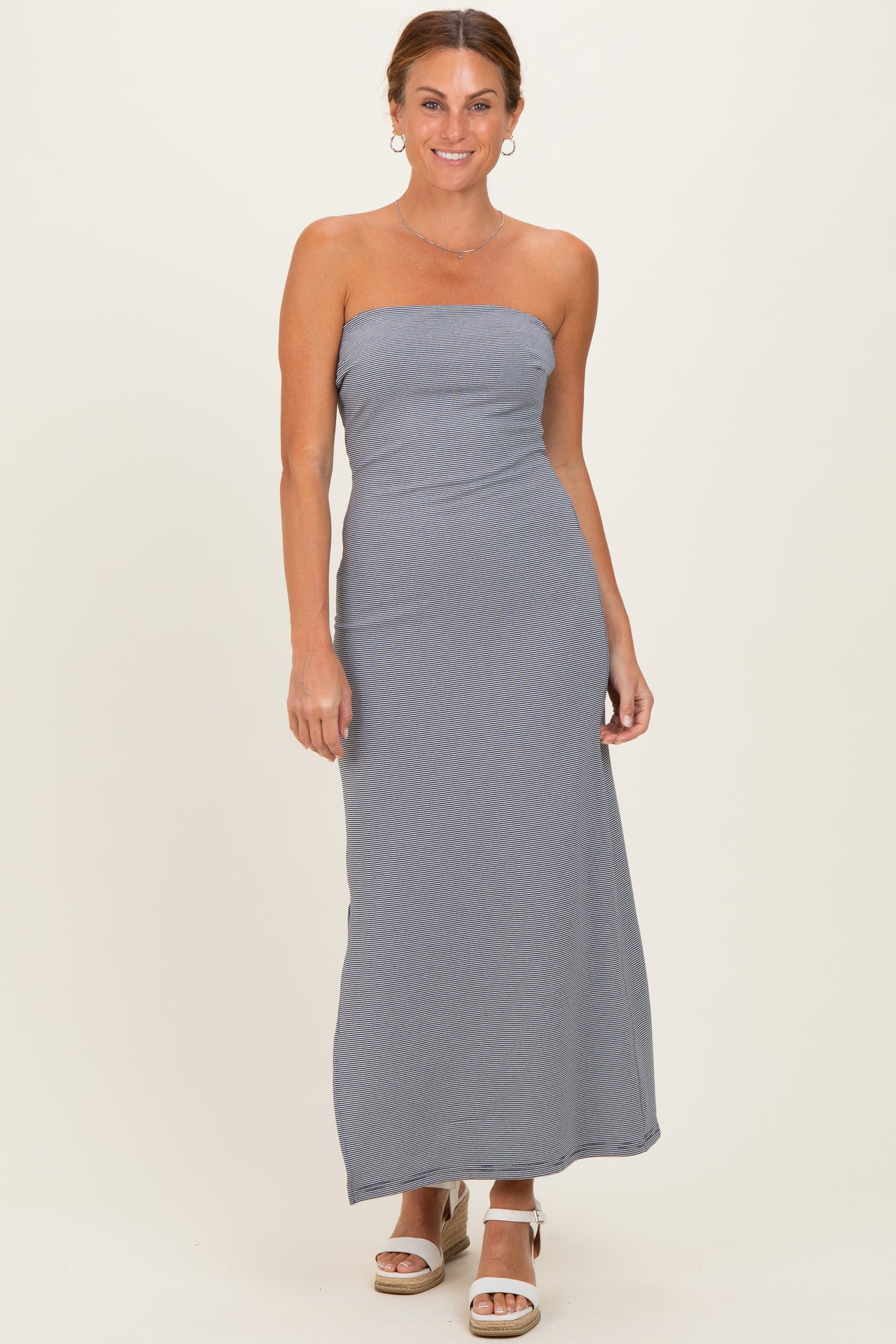 Navy Strapless Side Slit Maternity Midi Dress