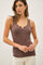 Brown Ribbed Split Neck Tank Top