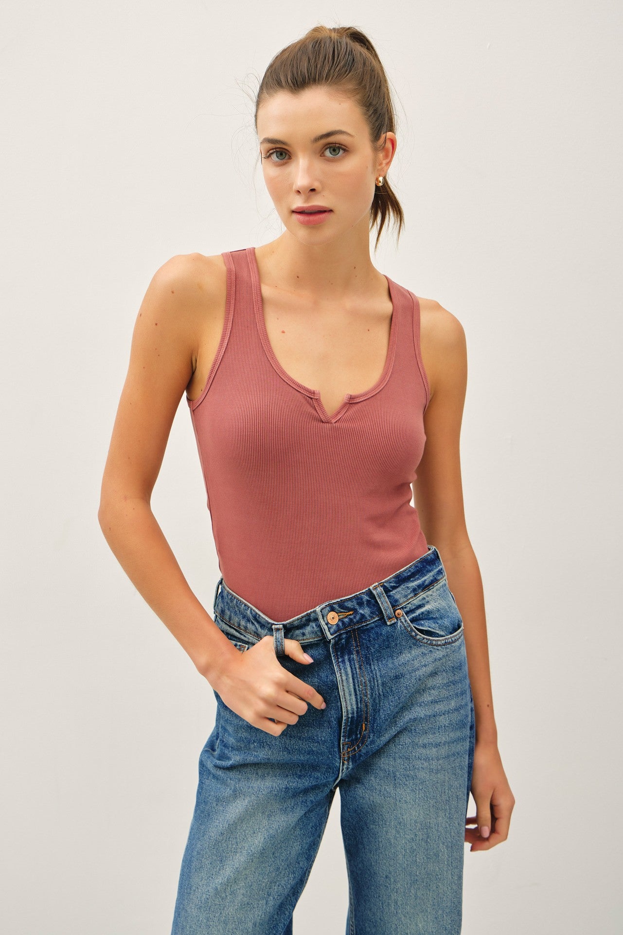 Rust Ribbed Split Neck Maternity Tank Top