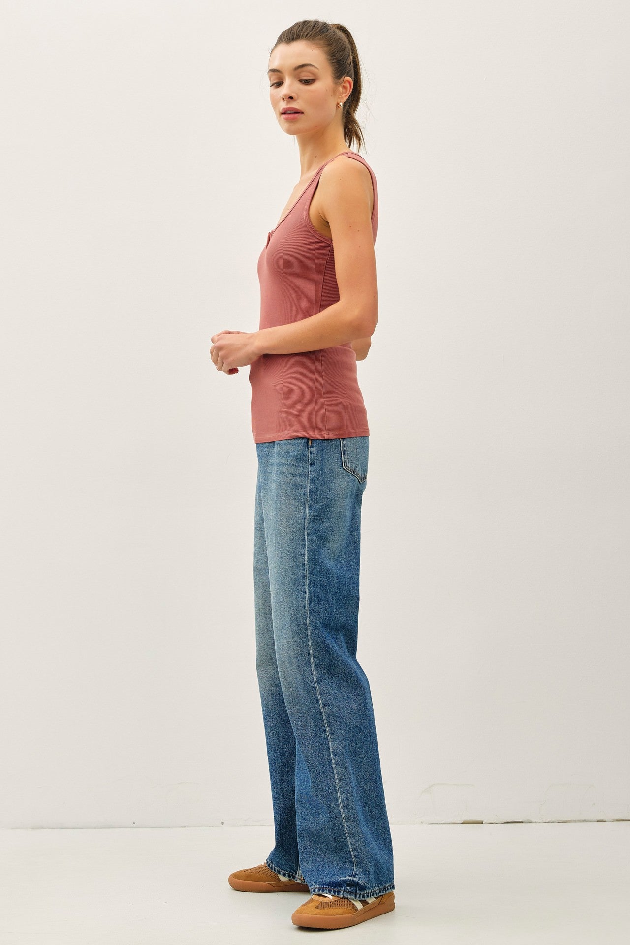 Rust Ribbed Split Neck Tank Top