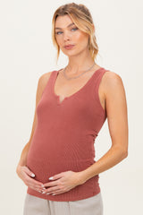 Rust Ribbed Split Neck Maternity Tank Top