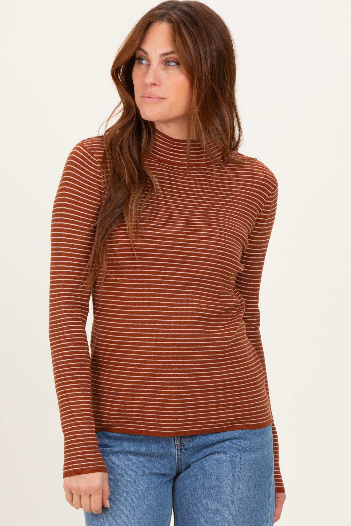 Rust Pinstriped Mock Neck Knit Top