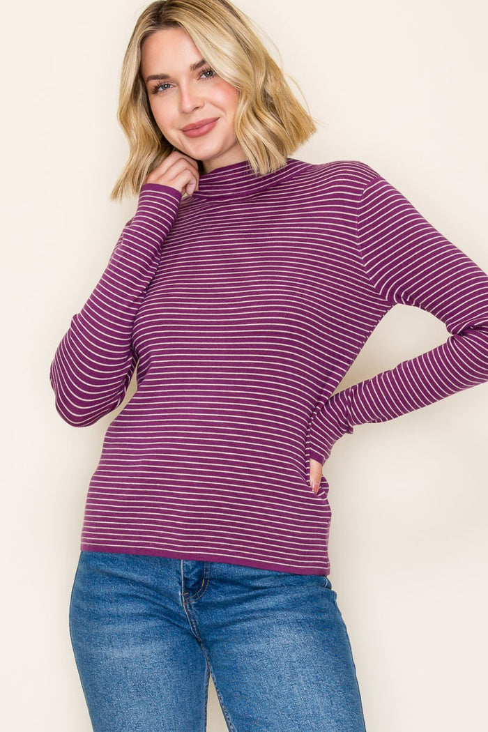 Plum Pinstriped Mock Neck Maternity Knit Top