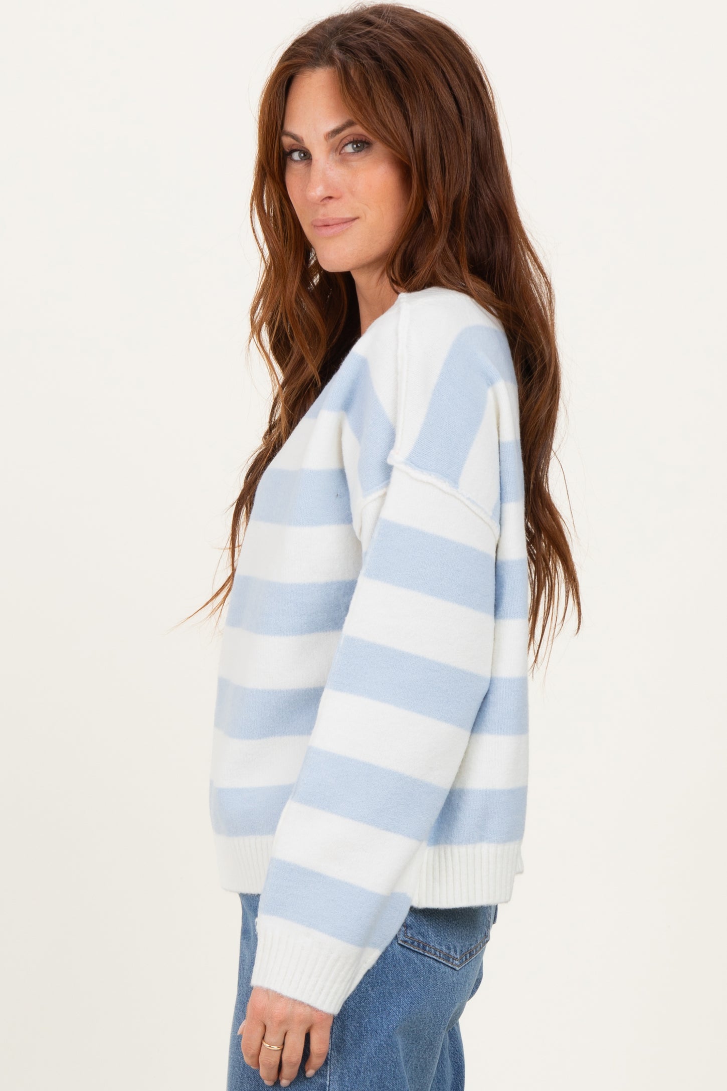 Light Blue Wide Stripe Boat Neck Sweater