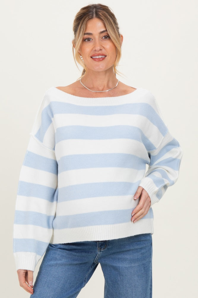 Light Blue Wide Stripe Boat Neck Maternity Sweater
