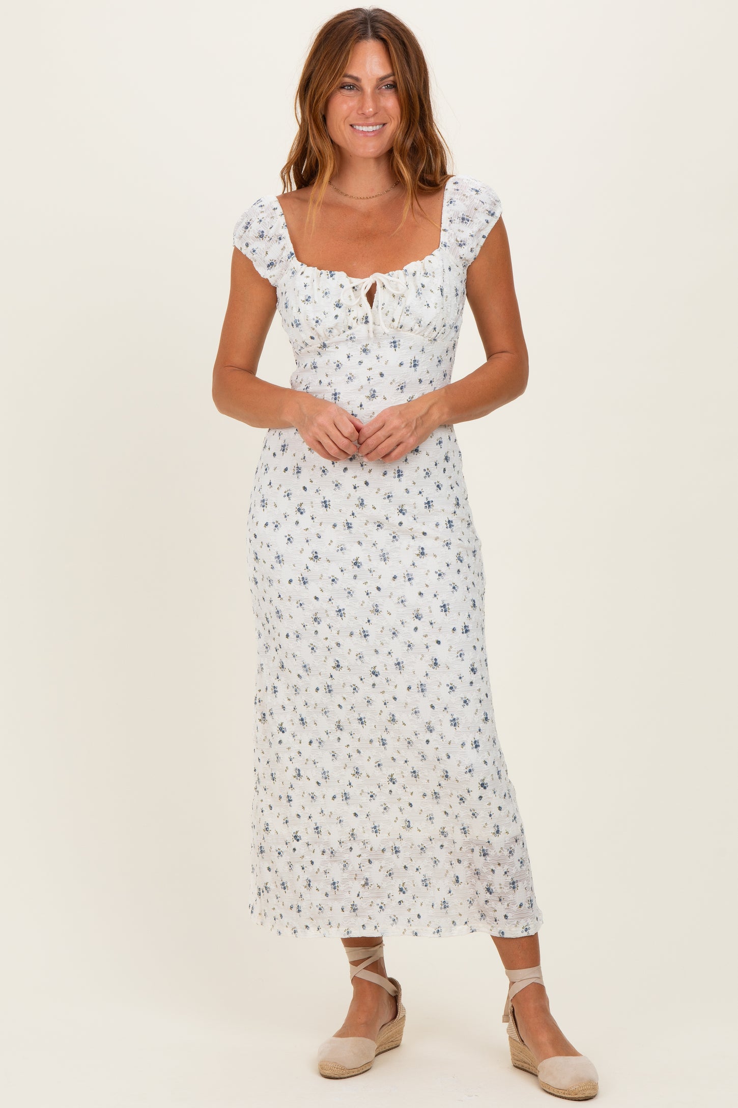 Ivory Multi Floral Cap Sleeve Midi Dress