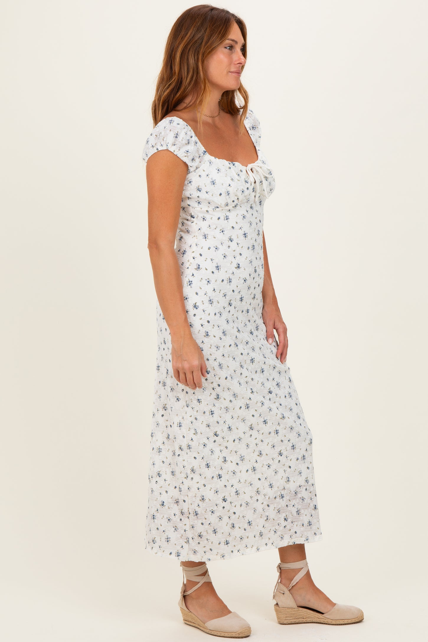 Ivory Multi Floral Cap Sleeve Midi Dress