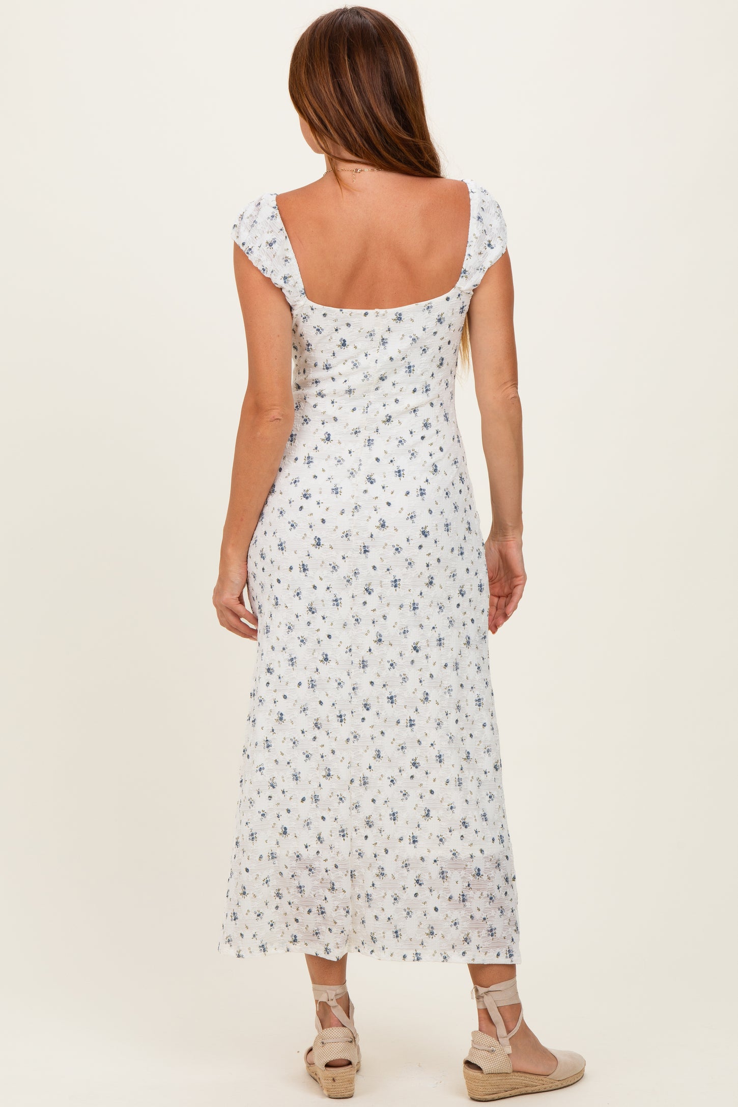 Ivory Multi Floral Cap Sleeve Midi Dress