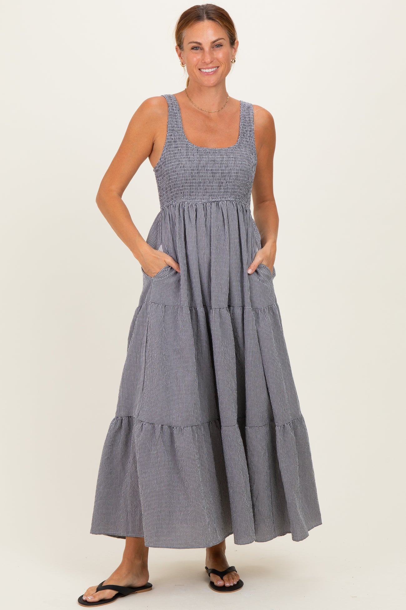 Black Gingham Smocked Bodice Maternity Maxi Dress