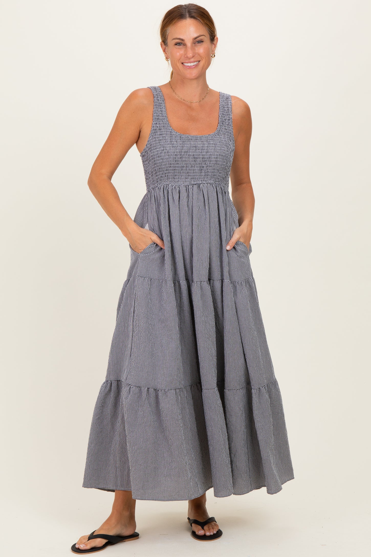 Black Gingham Smocked Bodice Maternity Maxi Dress