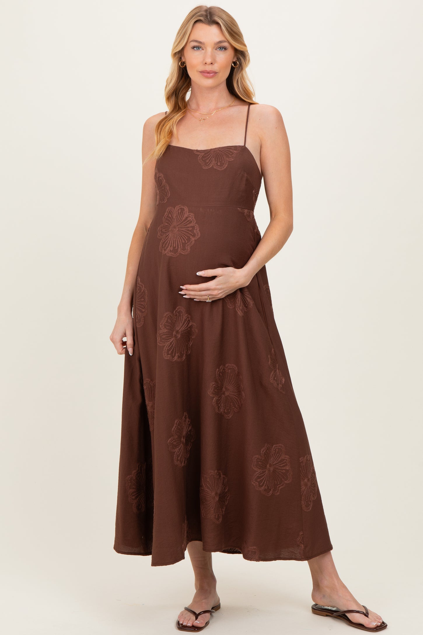 Mocha Flower Embroidered Maternity Midi Dress