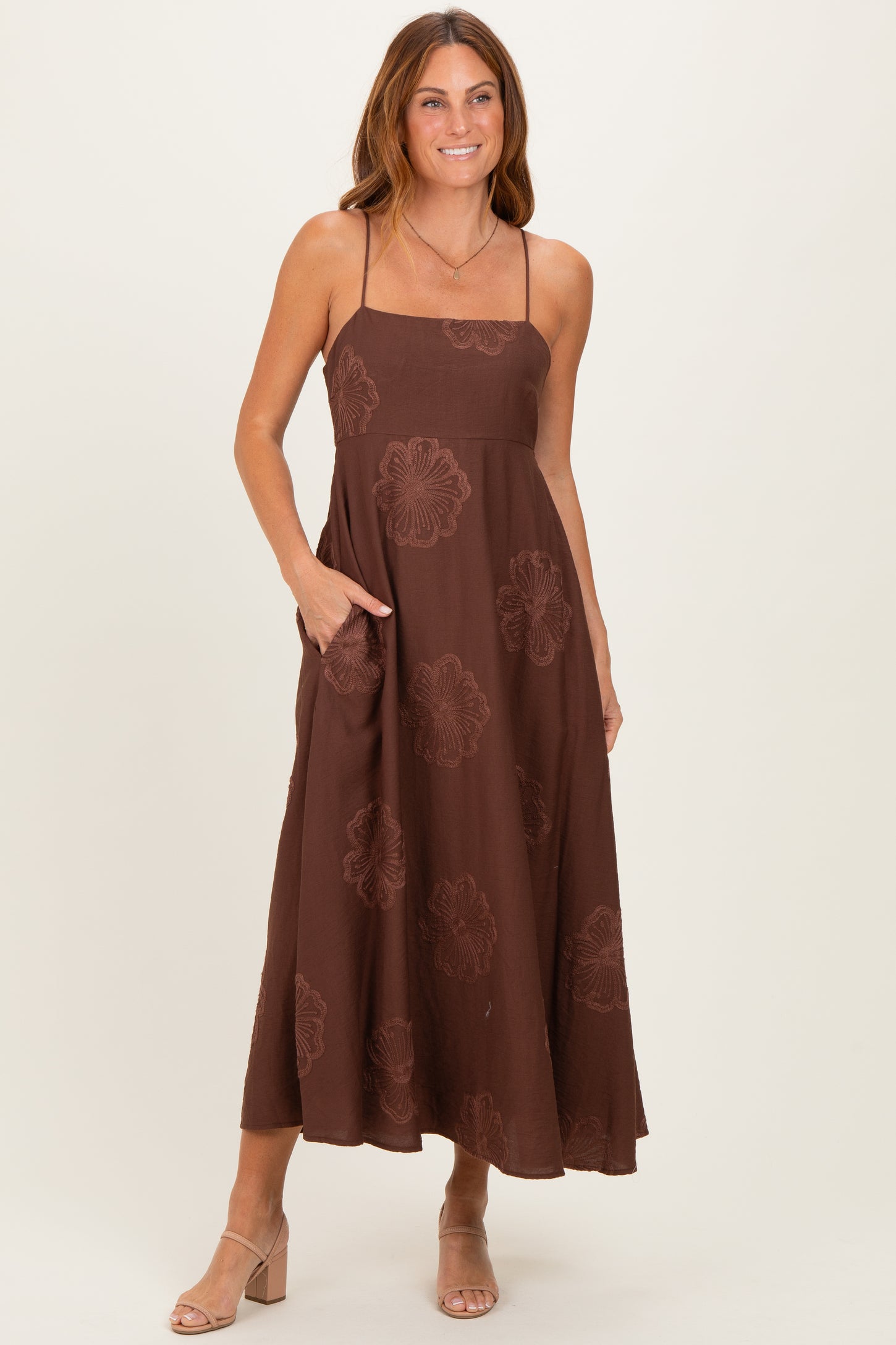 Mocha Flower Embroidered Maternity Midi Dress