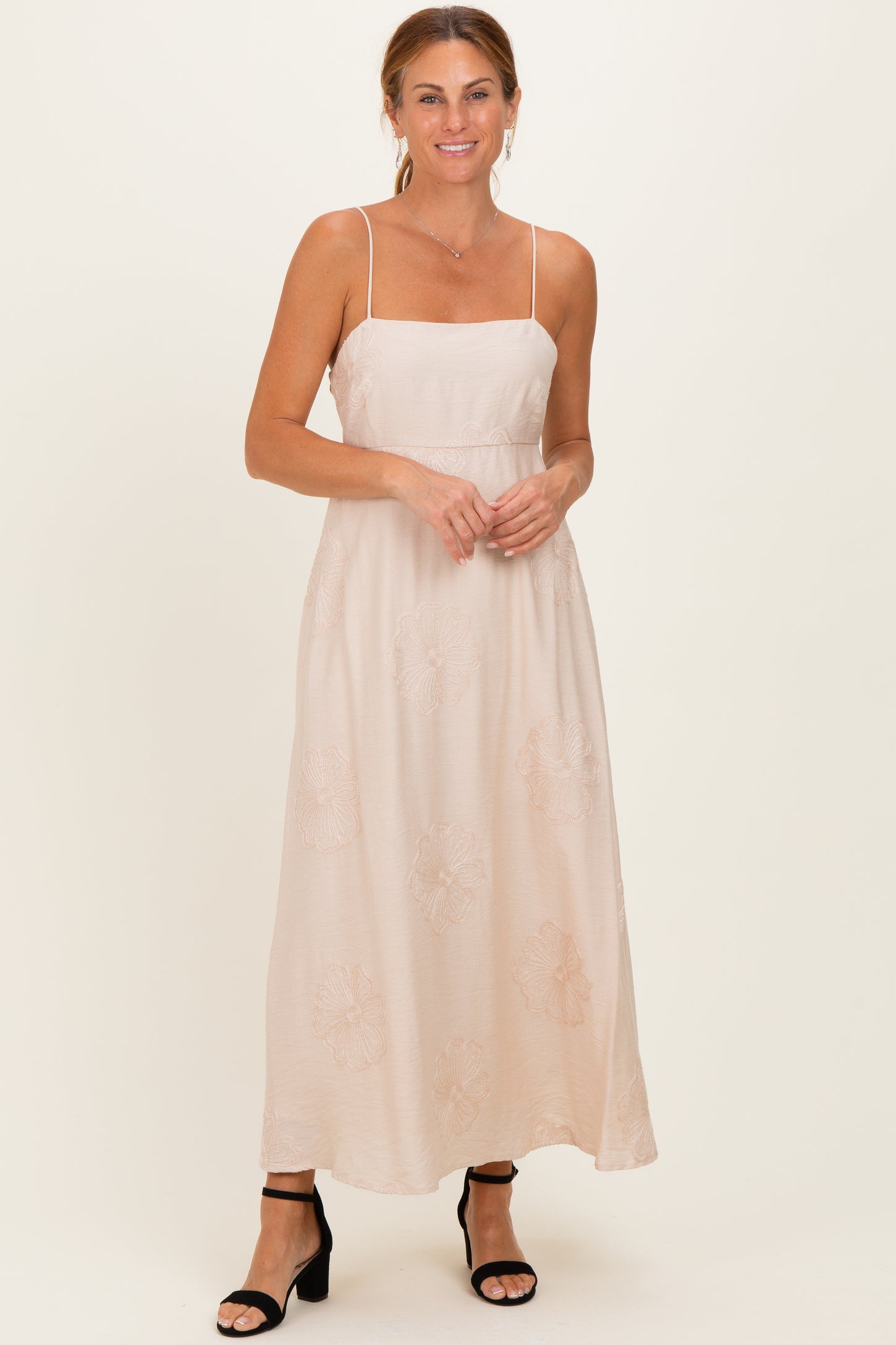 Beige Flower Embroidered Midi Dress